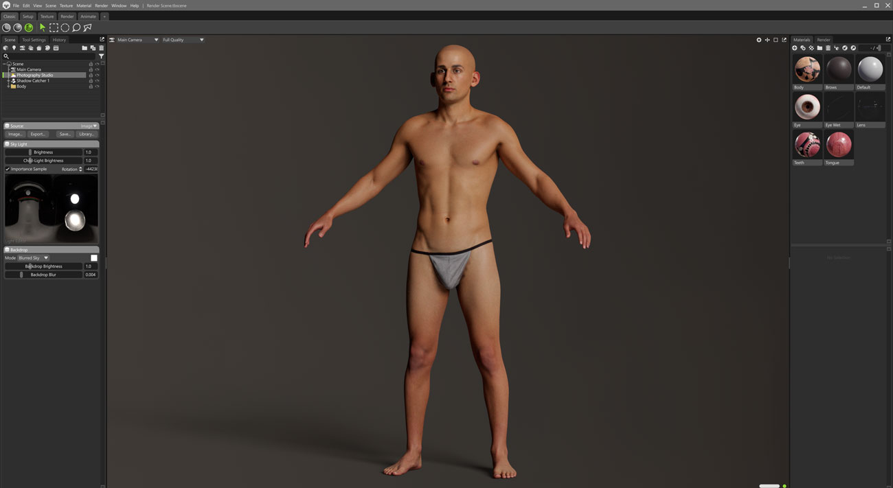 Marmoset Toolbag real-time scene render of a lean male 3D body scan with PBR lighting and texture maps applied